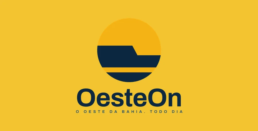 Logotipo do OesteOn, versão vertical sobre o amarelo da marca