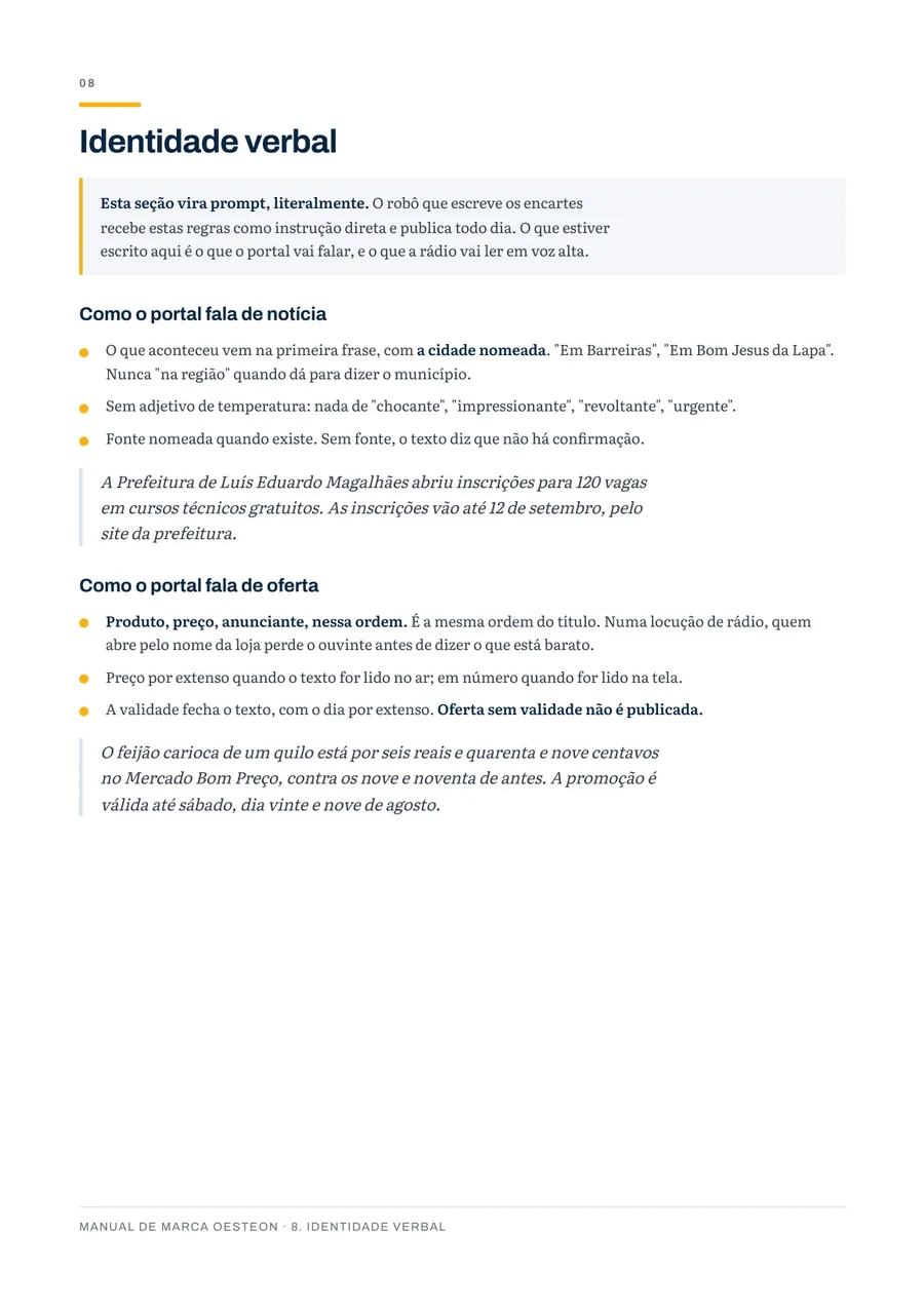 Manual de marca do OesteOn: página da identidade verbal
